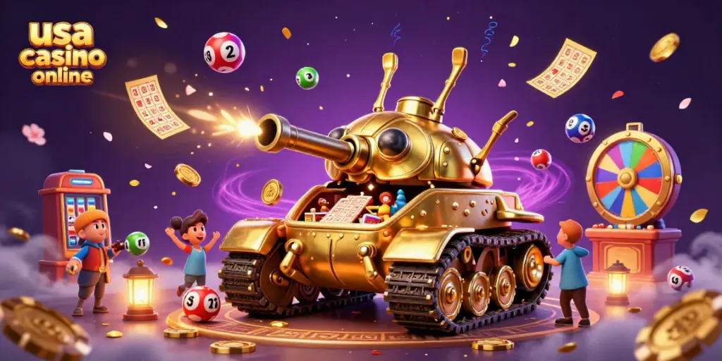 Play exciting games at usa casino online with golden casino tank and vibrant lottery elements.