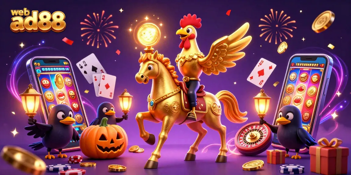 Engage with web ad88 as a golden rooster rides through a vibrant casino, surrounded by festive game symbols.