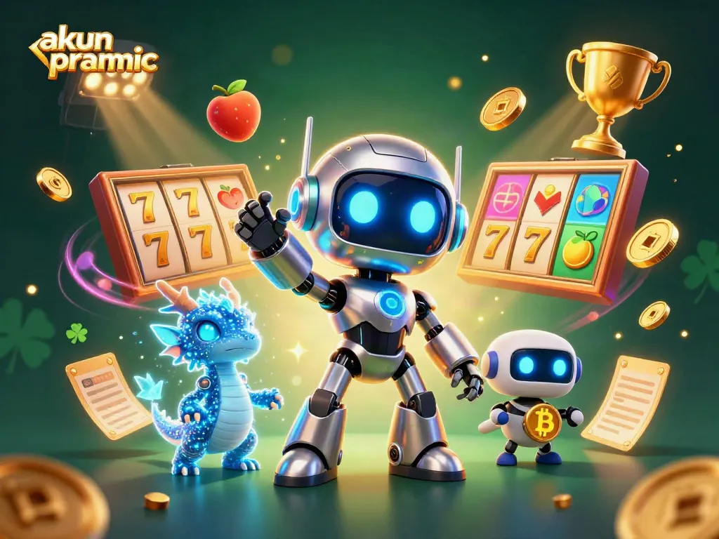 Experience akun pragmatic with a cyberpunk robot mascot and a holographic dragon in a vibrant casino scene.