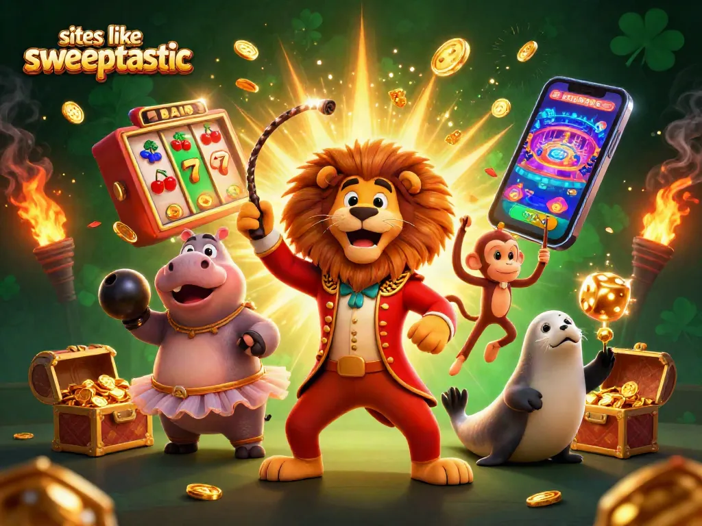 Play exciting games like sites like sweeptastic with a lively 3D gambling scene showing colorful characters and vibrant slot elements.