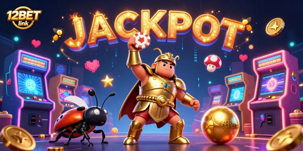 Experience thrilling wins with 12BET link featuring a victorious hercules beetle in a dynamic casino scene.