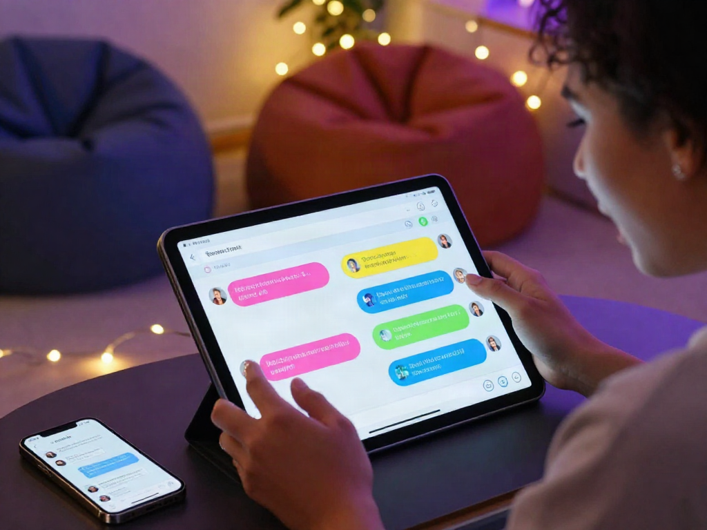 User interacting with an nsfw chat bot on a touchscreen tablet in a cozy setting.