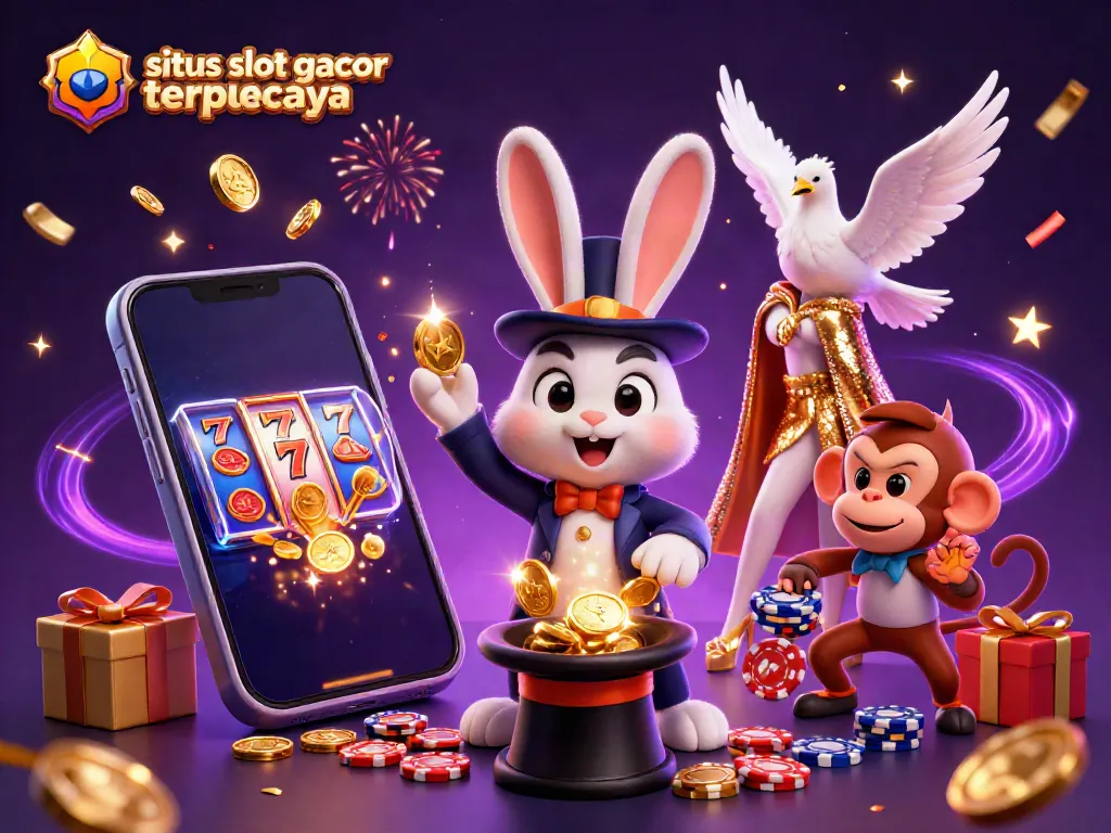 Experience the thrill of situs slot gacor terpercaya with a magician, dove, and monkey at a lively casino.