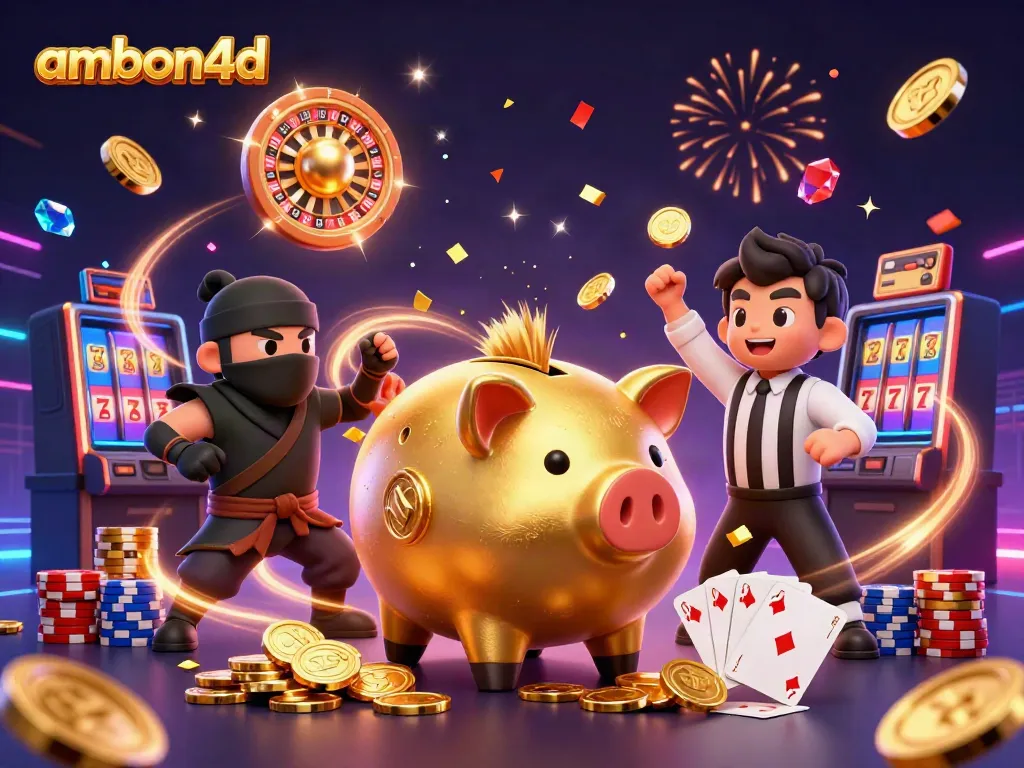 Engage in winning plays with ambon4d's vibrant casino characters amid golden coins and festive elements.