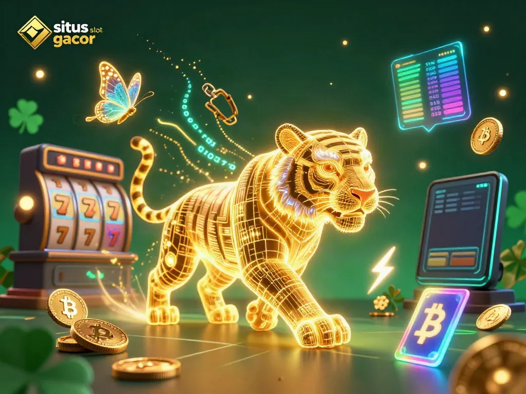 Play with luck on situs slot gacor, featuring a neon tiger in a dynamic digital casino scene.