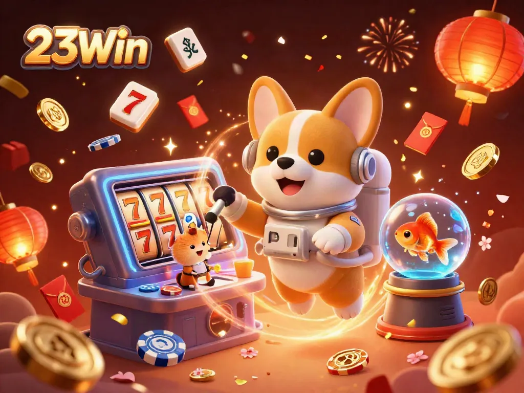 Get ready to win big at 23Win casino with festive floating elements and characters.