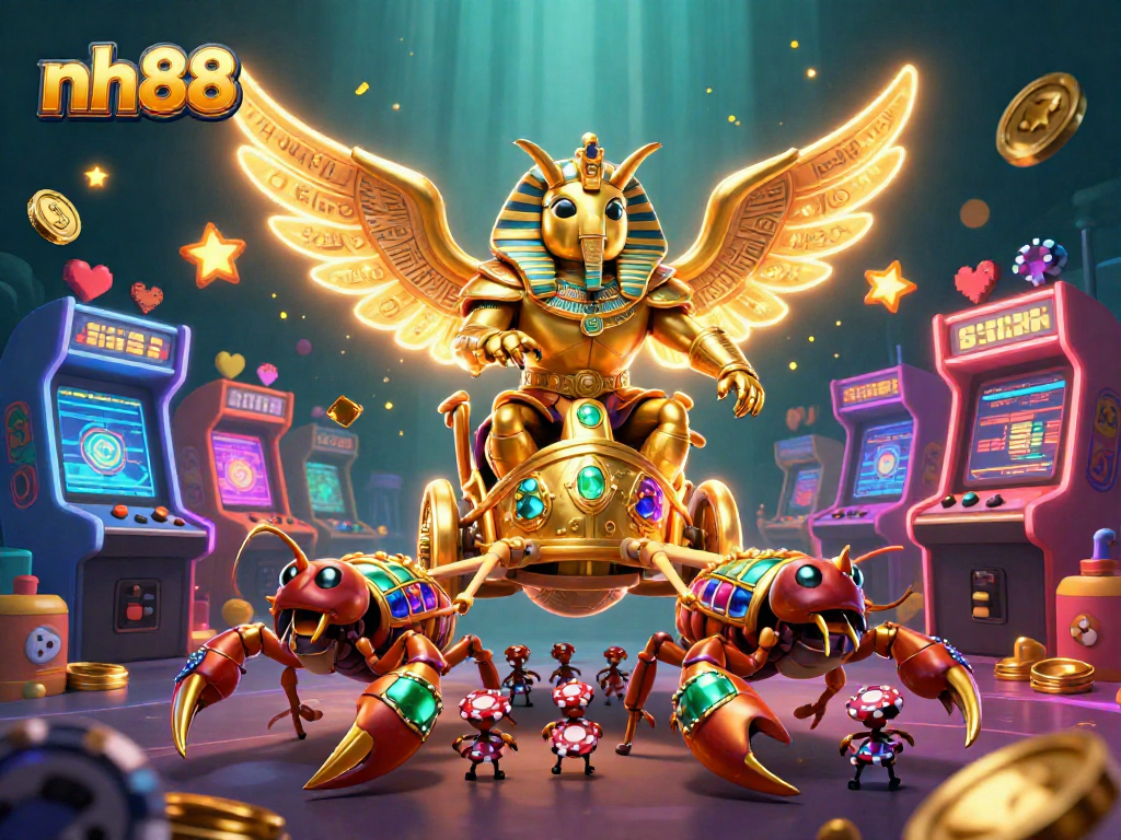 Experience thrilling gaming with nh88's dynamic scene featuring a golden scarab and scorpions.