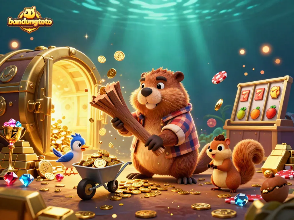 Engage with bandungtoto's thrilling gameplay as a beaver chops a tree raining gold while companions gather coins.