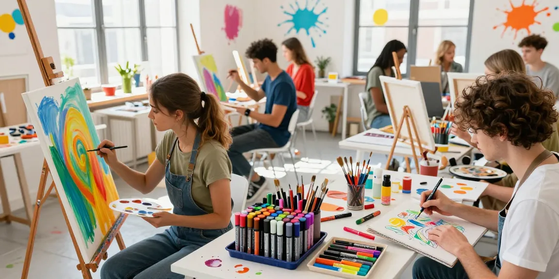 Artists using markers wholesale in a bright, colorful studio.