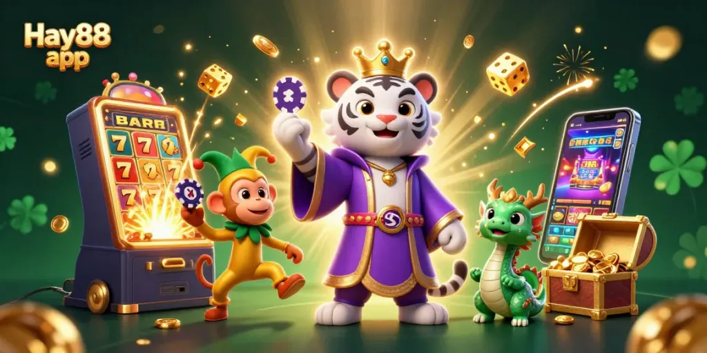 Experience the excitement of the Hay88 app; vibrant 3D casino world with dynamic characters and games.