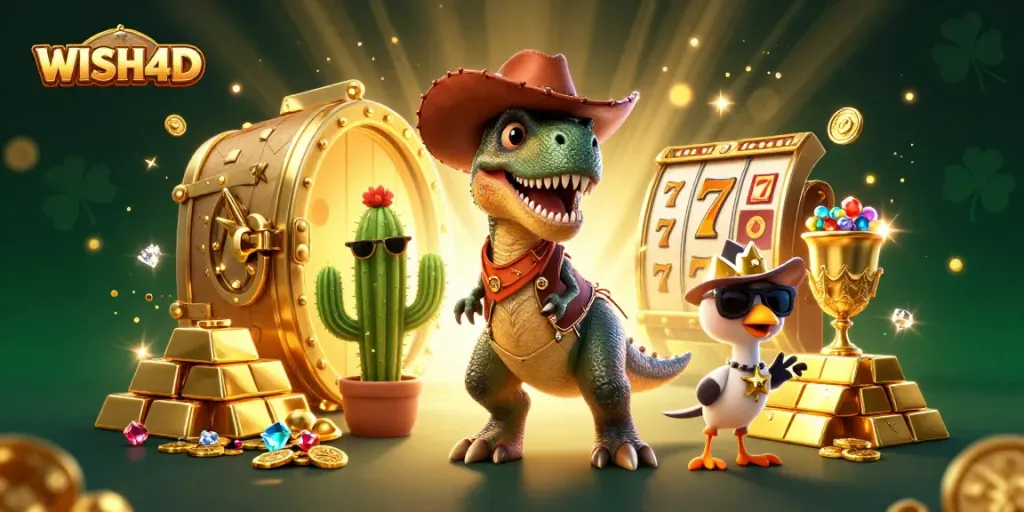 WISH4D presents a vibrant 3D scene of a cartoon T-Rex cowboy, cactus sidekick, and roadrunner amidst slot reels and treasure.