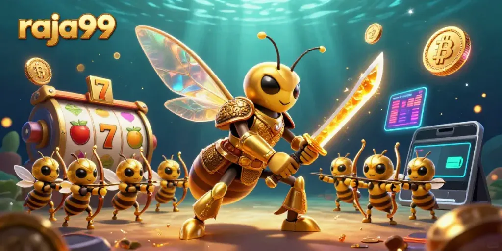Engage with raja99 through vibrant slot game visuals and crypto elements in a dynamic illustration.
