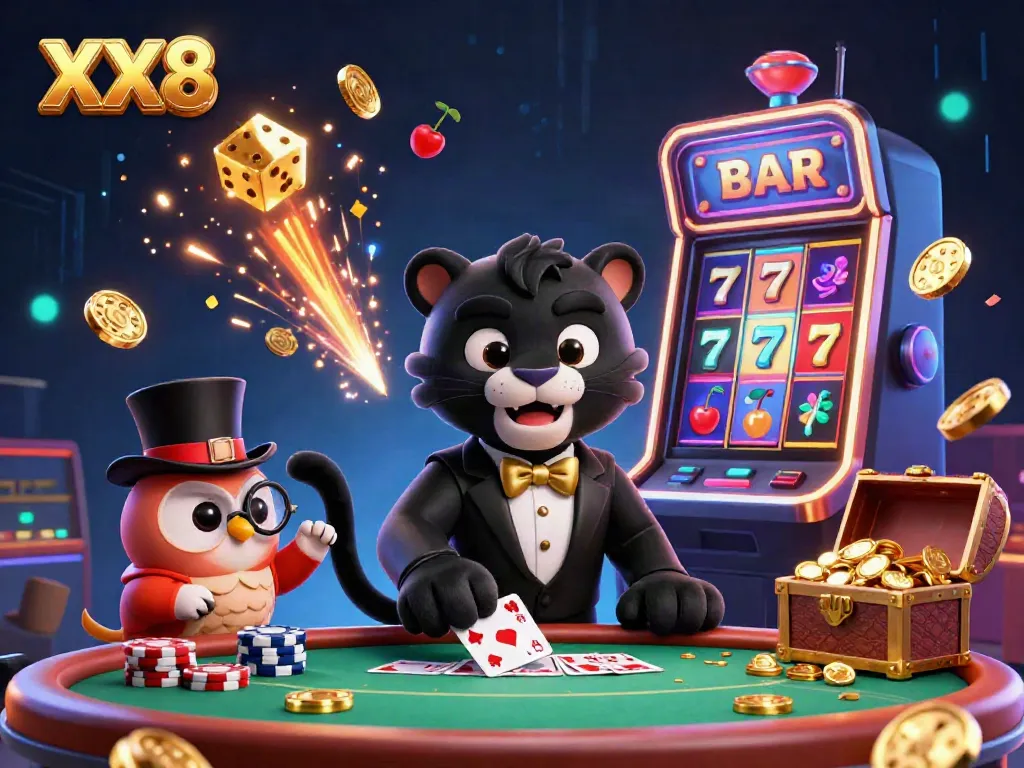 Experience the vibrant action of XX8 casino games with a stylish black panther dealer, engaging owl, and lucky mouse amidst dynamic slot machine elements.