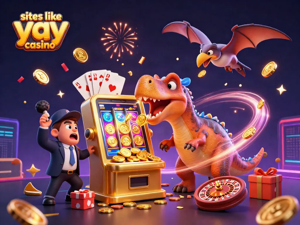 Engage in thrilling action at sites like yay casino with cartoon dinosaurs and slot machines.