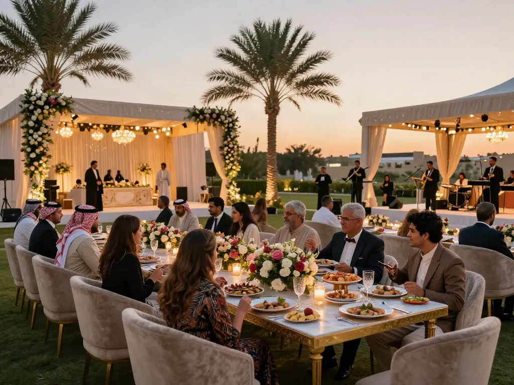 Event rental ksa wedding setup with marquee, elegant seating, and ambient lighting in Saudi Arabia