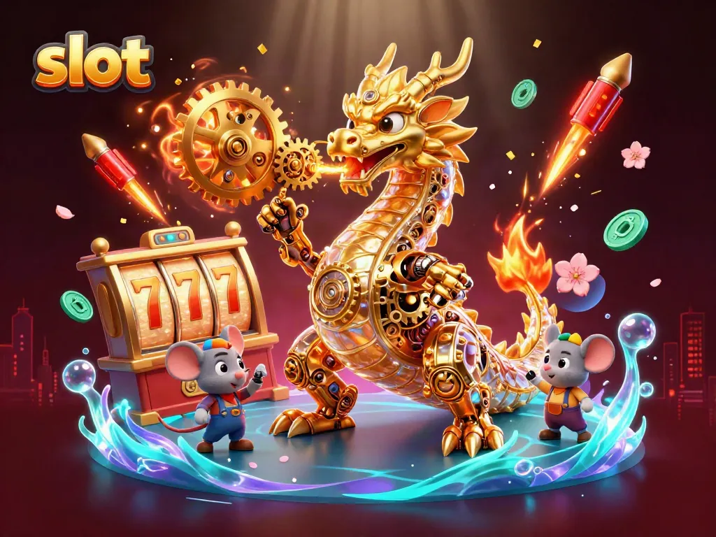 Unleash the excitement of slot games in a vibrant 3D dragon-themed illustration.