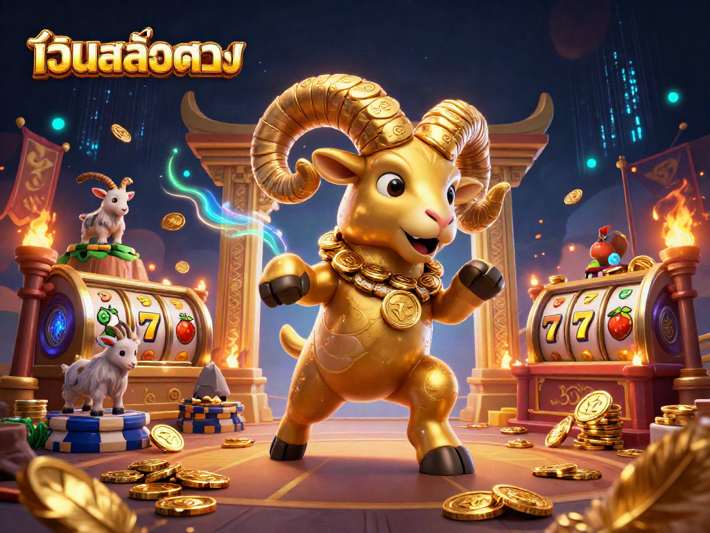 Engage with เว็บสล็อตตรง as golden ram charges through a temple gate amidst dynamic slot game elements.