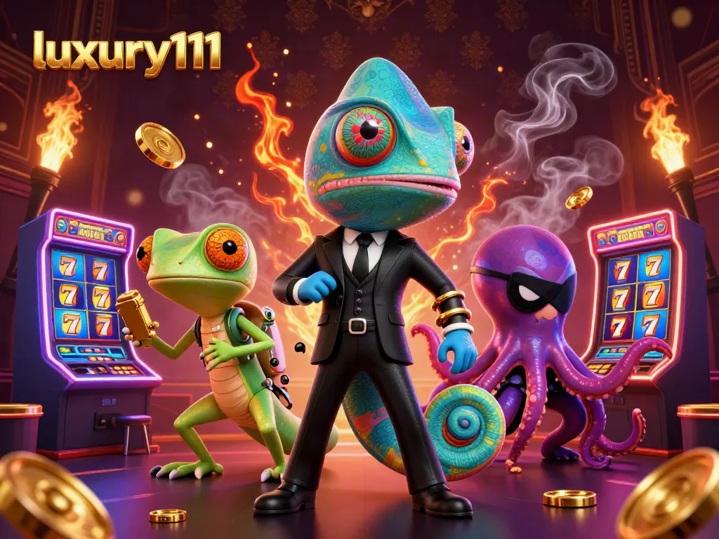 Experience excitement with luxury111 as a chameleon agent navigates a vibrant casino world.
