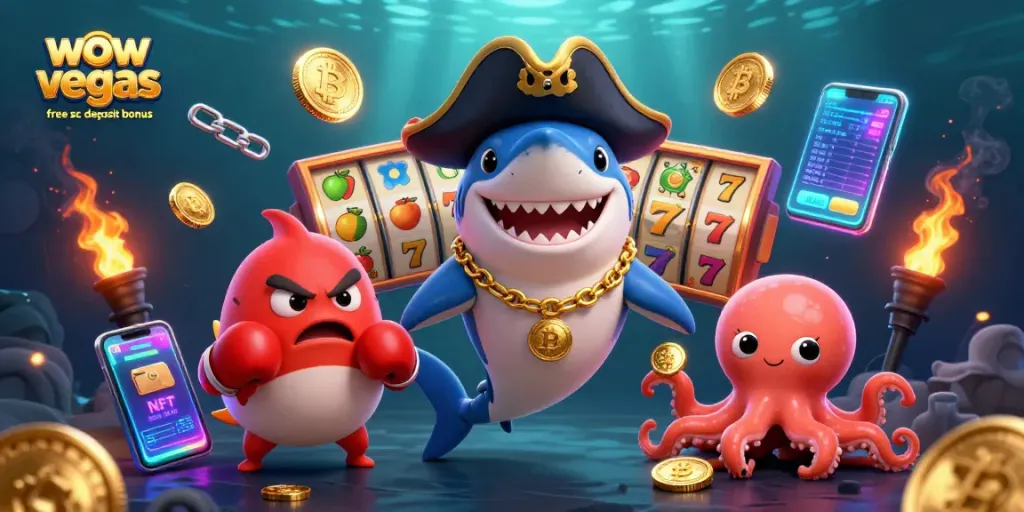 Play at WOW Vegas for the wow vegas free sc no deposit bonus, featuring vibrant casino characters and gold coins.
