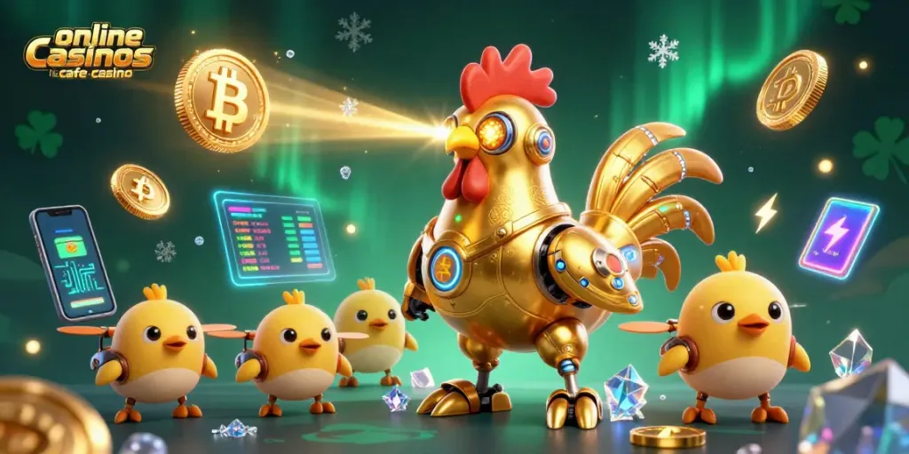Engage with online casinos like cafe casino through a dynamic 3D illustration showcasing crypto elements and gaming excitement.