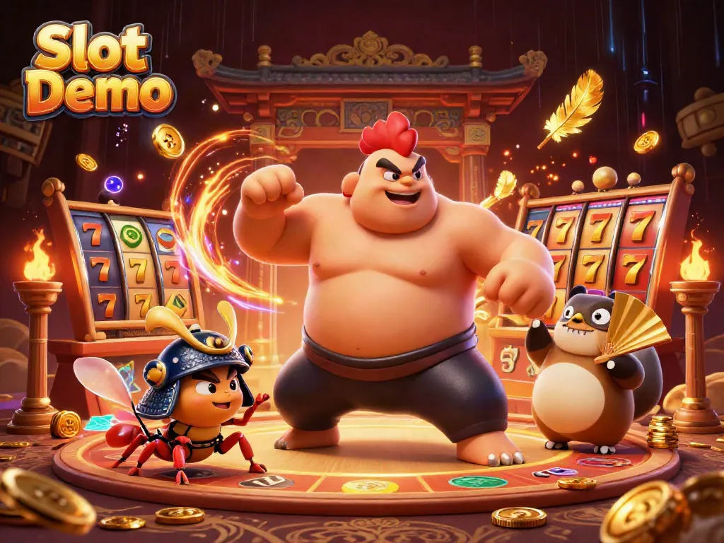 Experience Slot Demo action with a sumo rooster, samurai cricket, and announcer in a vibrant scene.