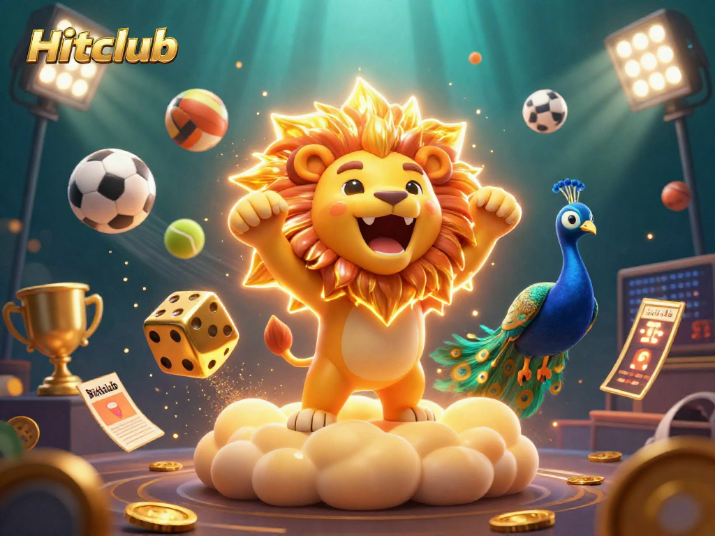 Hitclub showcases a vibrant 3D casino scene with a roaring sun lion and dynamic sports elements.