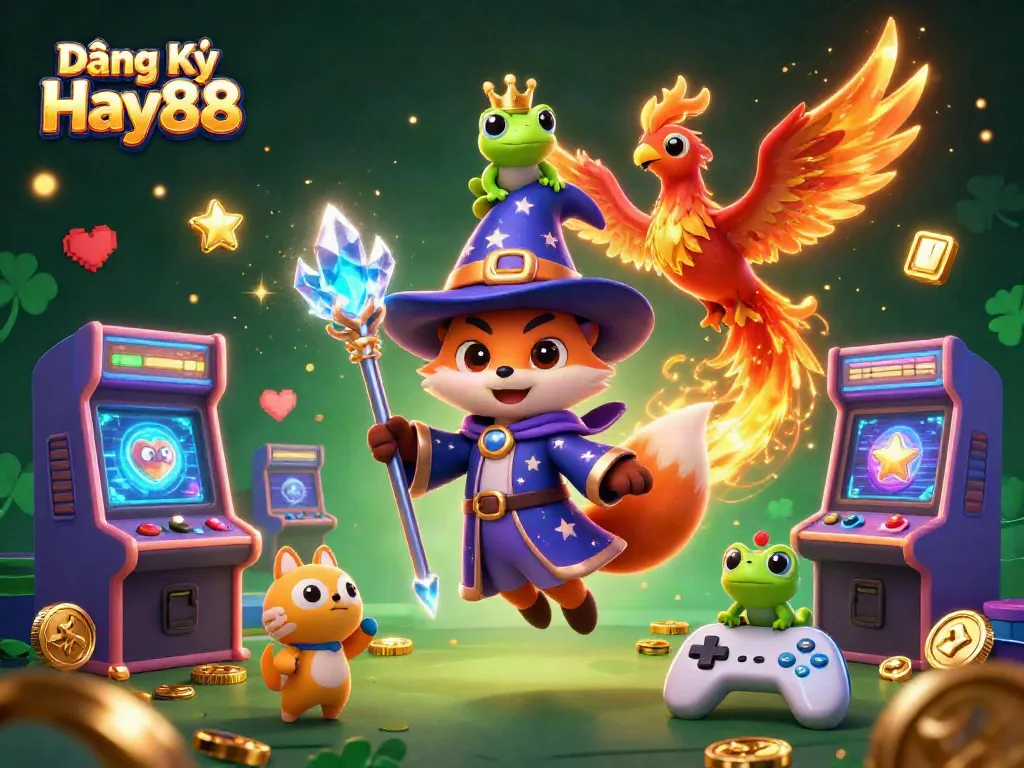 Engage with Đăng Ký Hay88, a vibrant 3D scene of a wizard fox and phoenix amidst arcade gaming excitement.