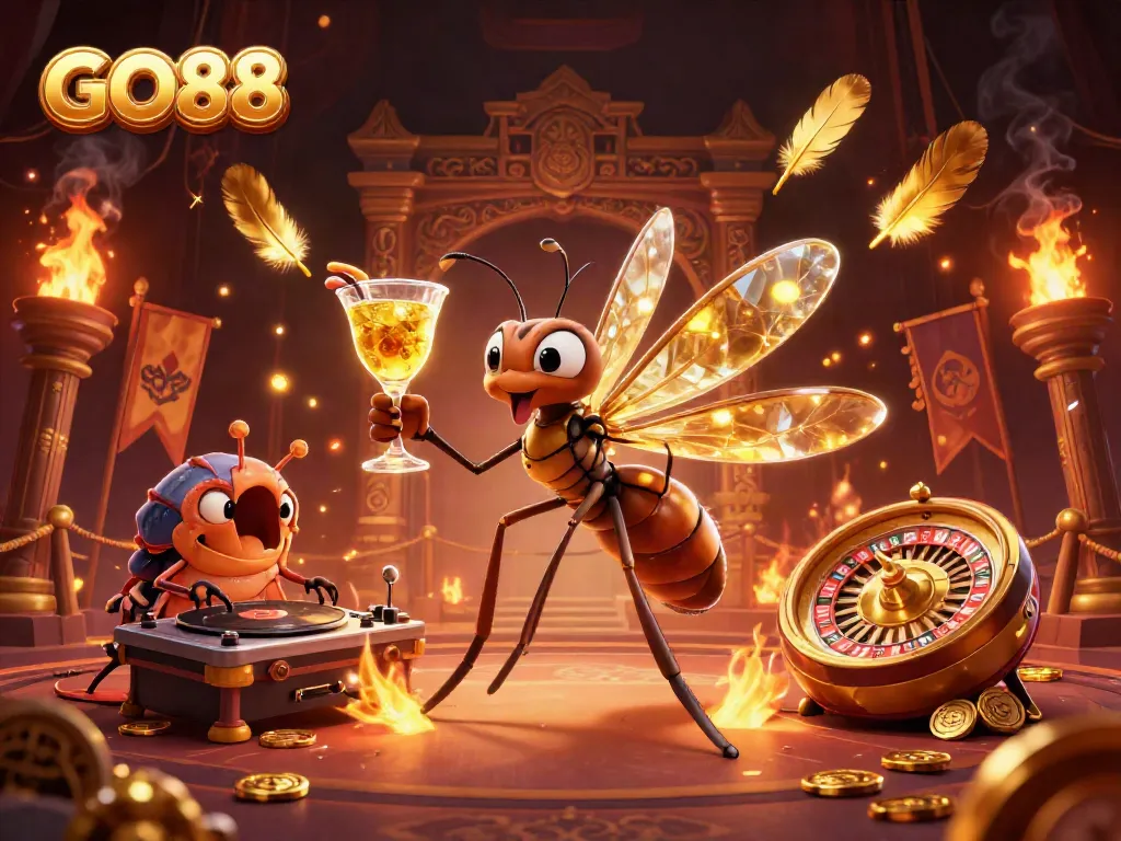 Experience the excitement of GO88 as a frozen mosquito mascot brings life, surrounded by dynamic casino elements.