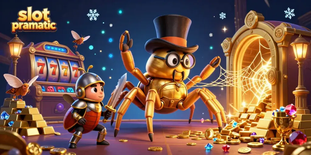 Engage with exciting slot pragmatic games featuring a golden tarantula and knight in vibrant casino scene.