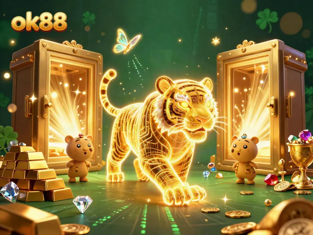 Experience the thrill of ok88 with an exhilarating 3D casino scene featuring vibrant characters and dazzling treasures.