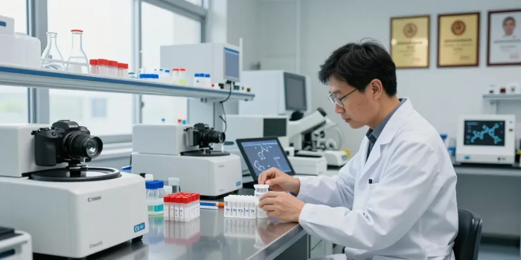 A scientist studying a1 compounds peptides in a professional laboratory setting with advanced research equipment.