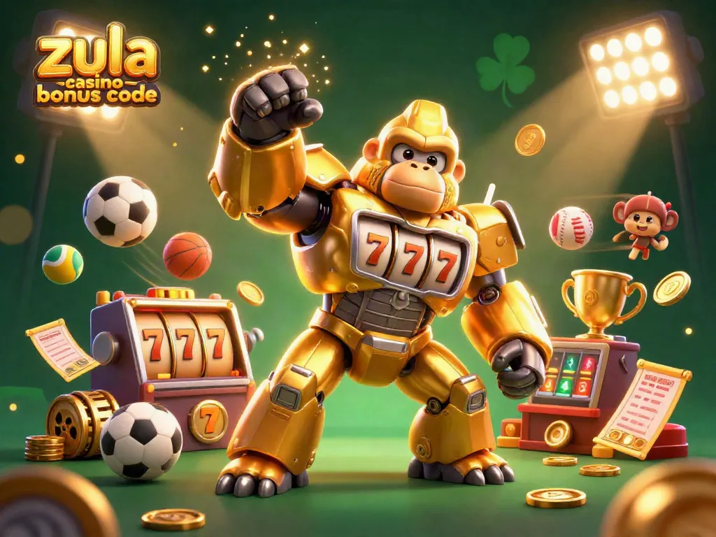 Zula Casino Bonus Code brings excitement with a golden gorilla mech amidst slot machines and sports elements.