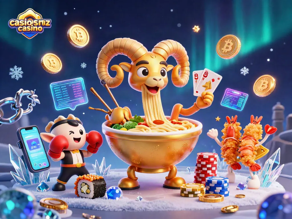 Experience excitement at casinosnz casino with a vibrant 3D scene featuring gaming and crypto elements.