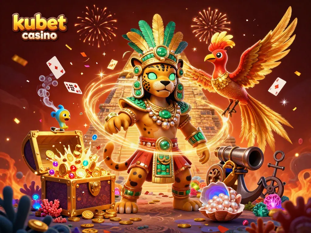 Experience thrilling winning moments at kubet casino with vibrant 3D illustration of Mayan-themed characters.