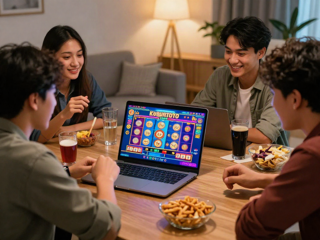 Friends engaging in online gambling on kebuntoto, featuring interactive game displays and a cozy atmosphere.