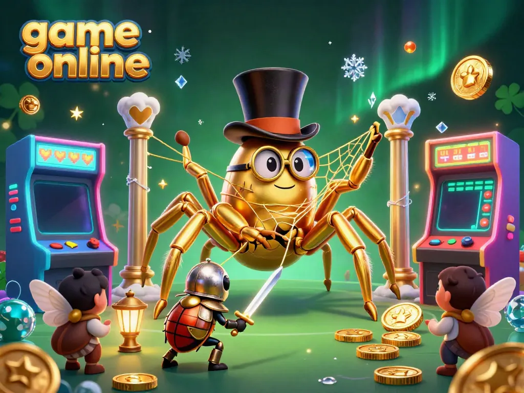 Engage with exciting game online visuals featuring a golden tarantula and arcade elements.