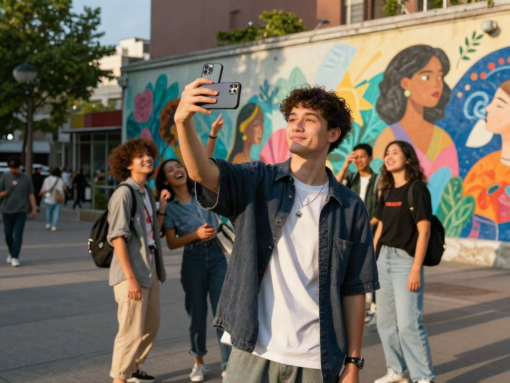 Young adult enjoying a test of attractiveness selfie outdoors, vibrant mural, and friends in the background.
