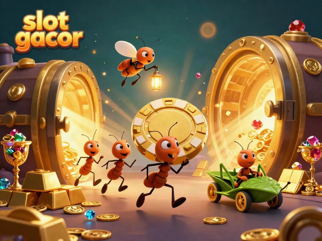 Engaging scene featuring ants and a grasshopper in an action-packed casino heist around golden treasures and slot gacor elements.