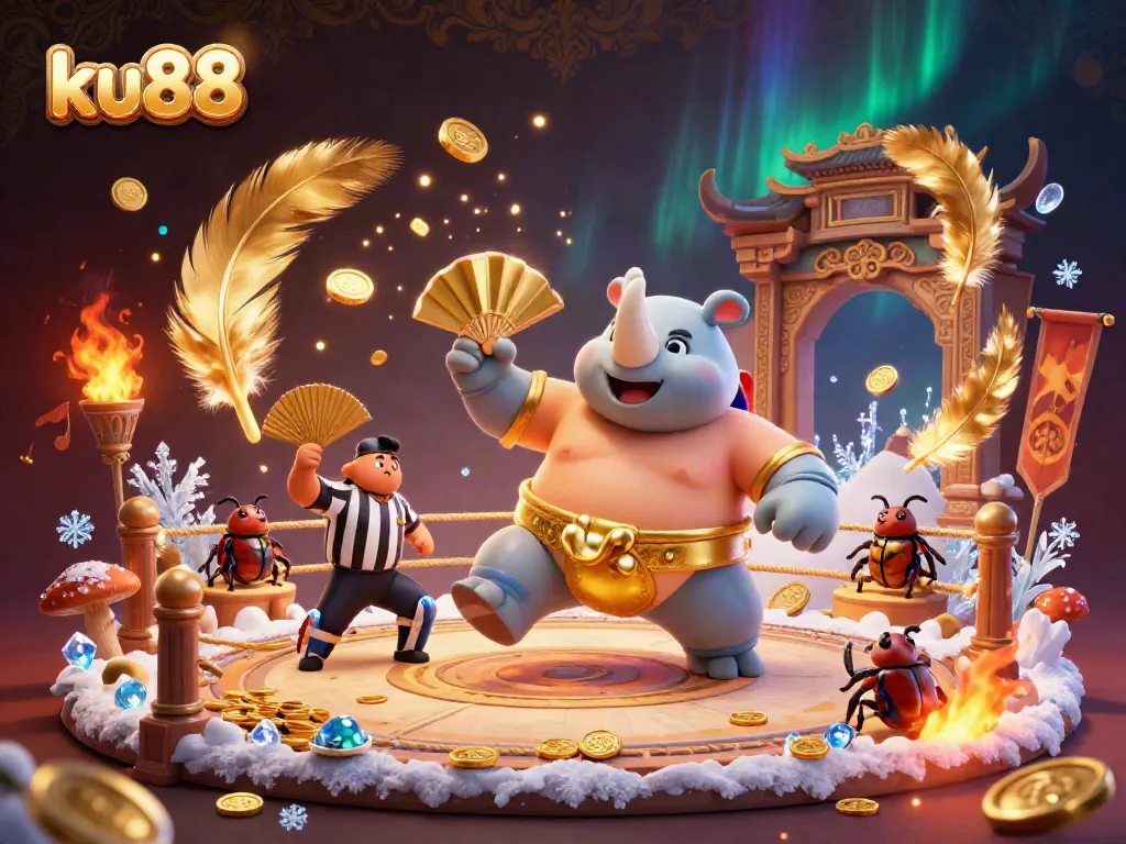Experience exciting gameplay at ku88 with a dynamic scene of gambling action featuring a beetle sumo champion.