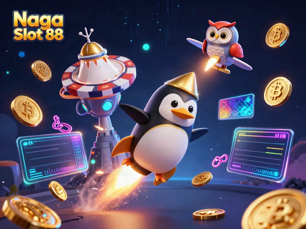 Play the exciting Naga Slot 88 with a thrilling golden penguin journey in a vibrant casino-themed space