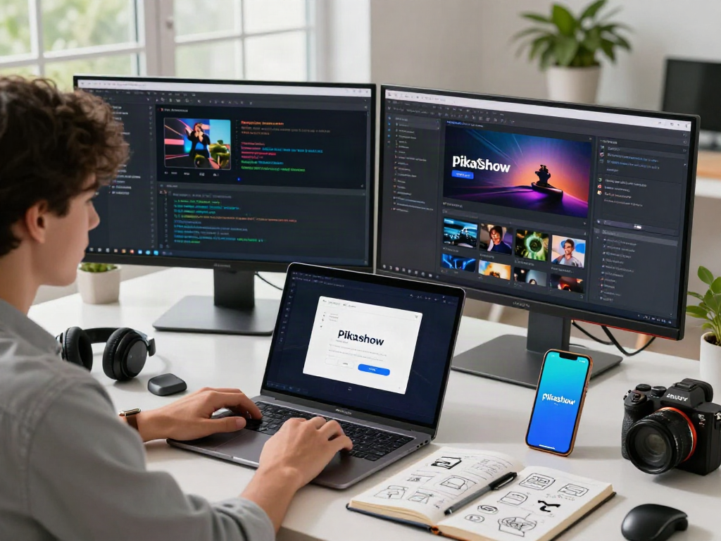 Pikashow app download showcased on a laptop in a modern tech workspace with vibrant atmosphere.