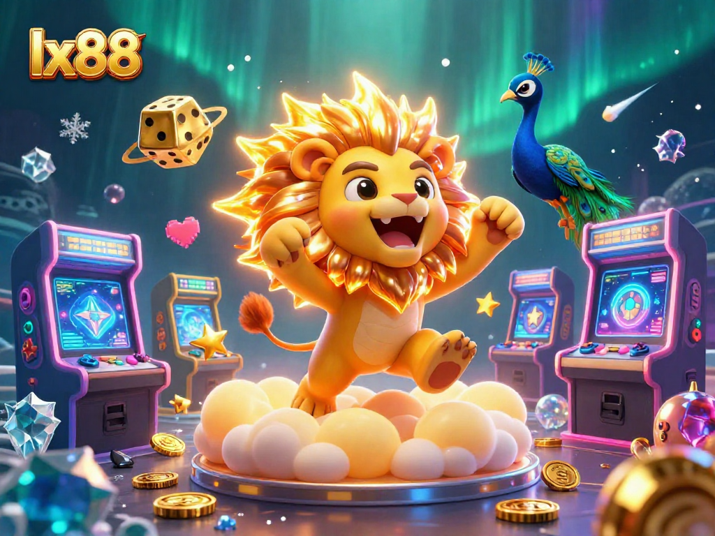 Experience the fun at lx88 with a vibrant 3D illustration showcasing thrilling casino games and spirited characters.