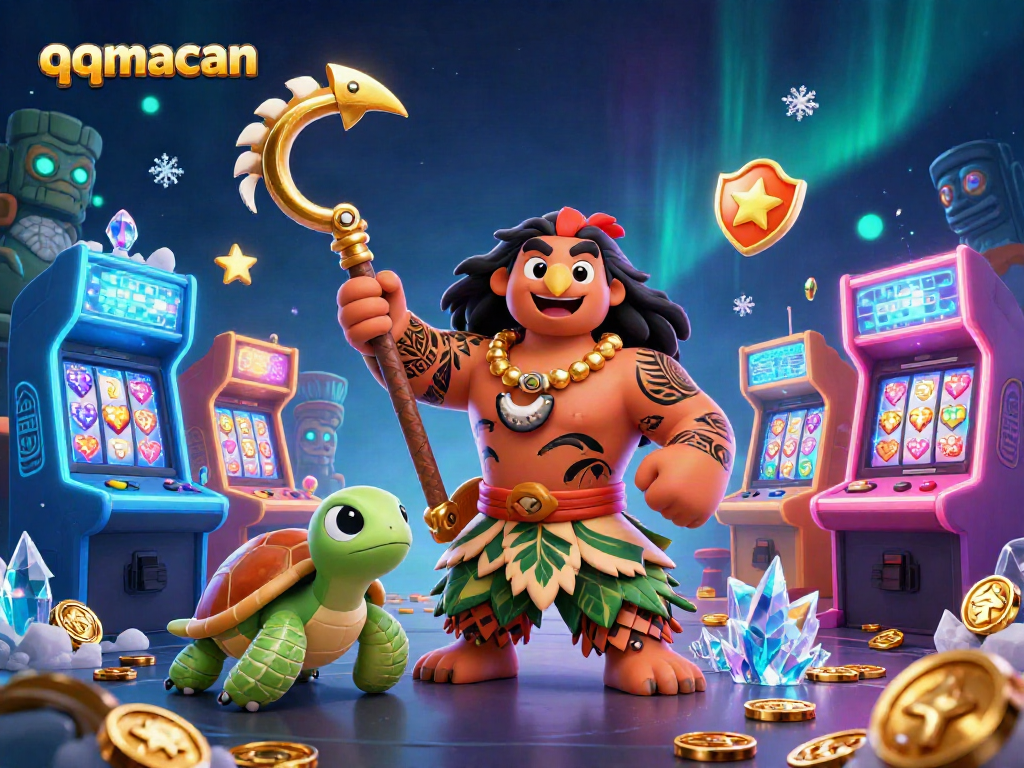 Engage with qqmacan through an energetic 3D casino scene filled with colorful slots and vibrant characters.