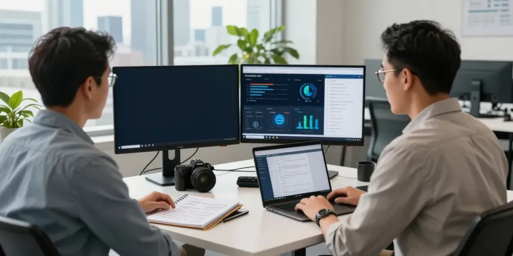 Michael Rustom Consultant working at a modern desk with dual monitors and business analytics.