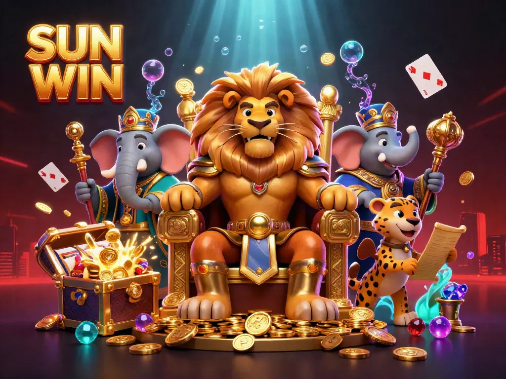 Experience thrilling casino adventures with SUN WIN, featuring a fierce lion king and dynamic gaming elements.