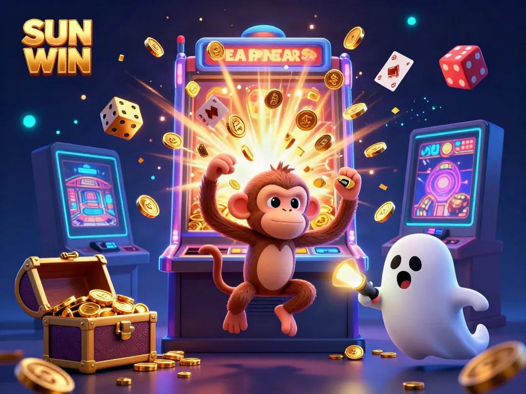 SUN WIN showcases a 3D monkey juggling casino treasures in a vibrant gaming scene full of excitement and jackpots.