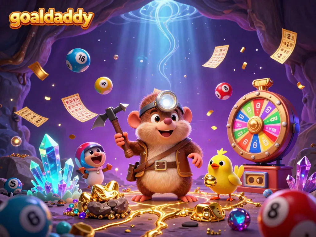 Experience goaldaddy's premium gaming adventure with a colorful treasure hunt scene featuring dynamic lottery elements.