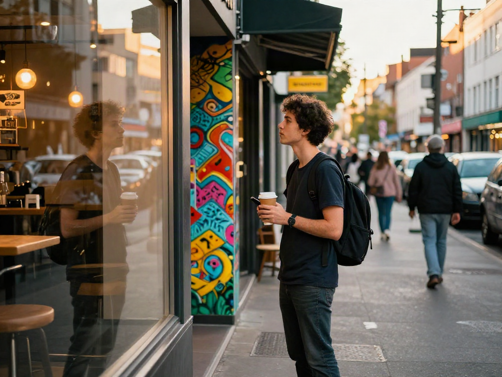 Individual pondering how old do I look in an urban setting with coffee and street art.