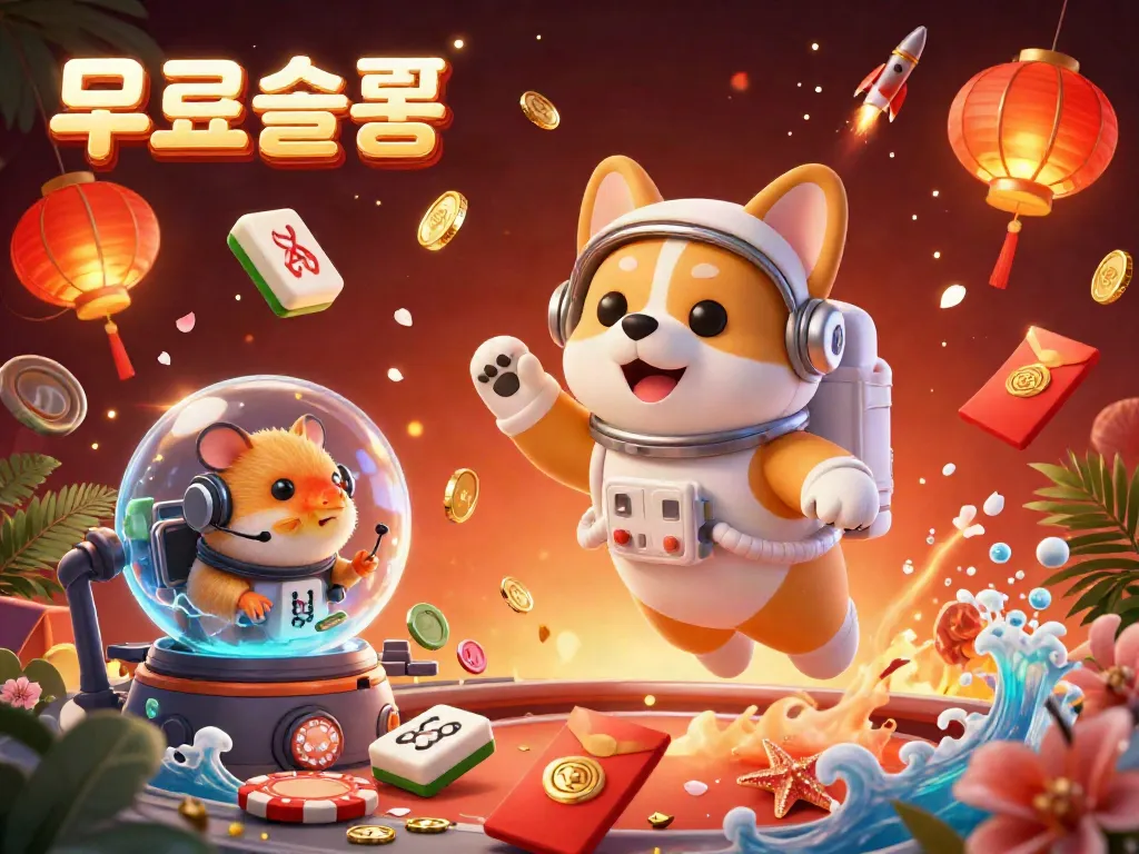 Play free slots with immersive 3D characters in a vibrant casino environment including corgi and hamster.