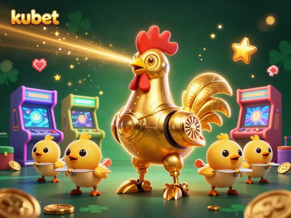 Engage with kubet's stunning 3D casino adventure featuring a golden rooster robot and baby chick drones.